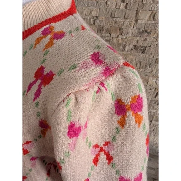 NWT Bow Print Coquette Artsy Cream Sweater Colorful Preppy - Picture 6 of 15